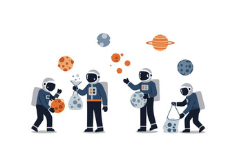 Diverse astronauts gather celestial objects, creating a playful, modern illustration. Bold colors and a minimalist style make this image ideal for creative projects. © Vector Factory