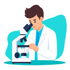 Scientist working with a microscope in the laboratory. Flat style vector illustration with a white background.