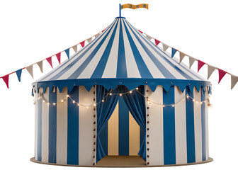 Blue and white striped circus tent isolated on a white background