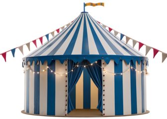 Blue and white striped circus tent isolated on a white background