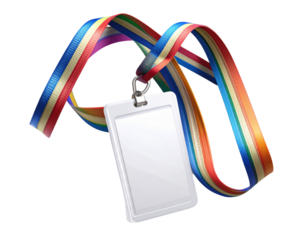 3D rendered blank ID badge with multicolored ribbon, isolated on transparent background PNG