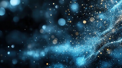 An abstract depiction featuring a mesmerizing swirl of blue and gold particles shimmering against a dark backdrop, evoking a sense of wonder and creativity in the viewer’s mind.