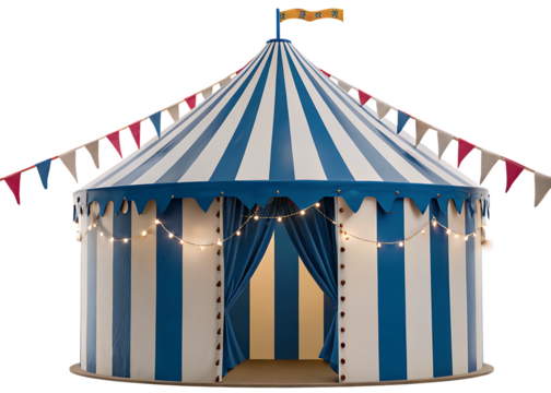 Blue and white striped circus tent isolated on a white background