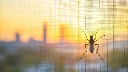 A mosquito rests on a window screen during sunset. The background features a blurred city skyline with warm colors of the setting sun.