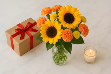 Birthday bouquet with sunflowers and carnations on a marble table, beside a wrapped gift box and lit candle.