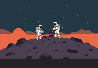 Two astronauts gather rocks on a Martian landscape under a starry sky. A collaborative scene with a modern, illustrative style.