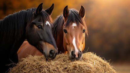 A heartwarming image of two horses peacefully enjoying a meal of hay, capturing the bond between animals and the beauty of rural life.