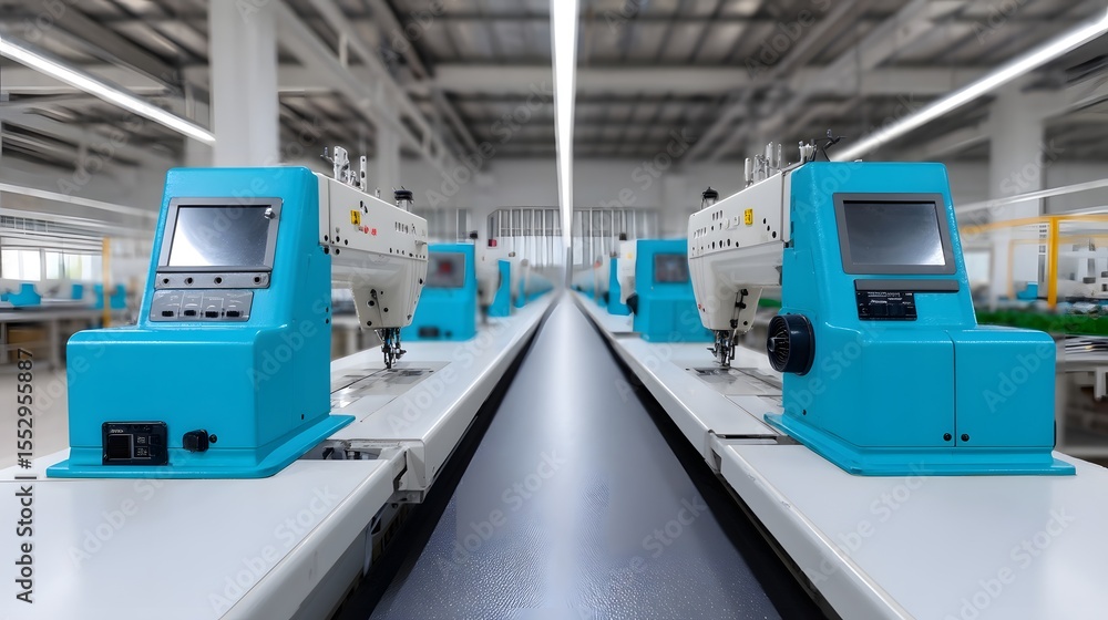 Poster a modern manufacturing facility with automated and a conveyor system. long_title:a state-of-the-art 