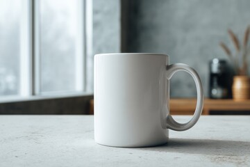 Fototapeta premium Blank white mug mockup on a clean tabletop, natural lighting, realistic ceramic texture