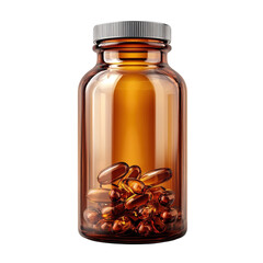 Golden pills in amber glass bottle supplements vitamins medicine capsules on transparent background
