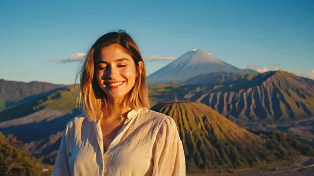 A woman smiles against the backdrop of a magnificent mountain range. Her eyes are gently closed, showcasing her contentment