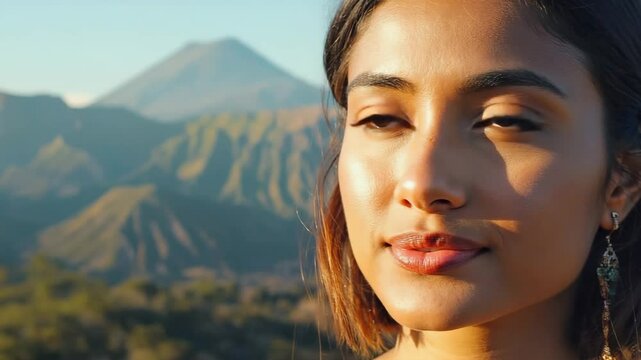 A young lady in nature with Mount Bromo, Indonesian Java, with a serene expression.