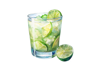 Refreshing watercolor painting of a caipirinha cocktail with lime slices and mint isolated on transparent background