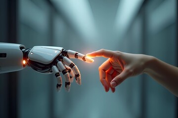 Futuristic Human-Robot Connection in High-Tech Corridor — Symbolizing Innovation, Technology, and Collaboration