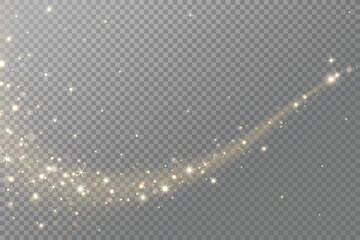 Golden glitter wave with sparkling lights, glow, and magic dust effect. For Christmas, party posters, celebration banners, festive photo overlays. Remove transparent background in vector file.