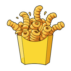 Curly fries in a yellow paper cup with spiral shapes