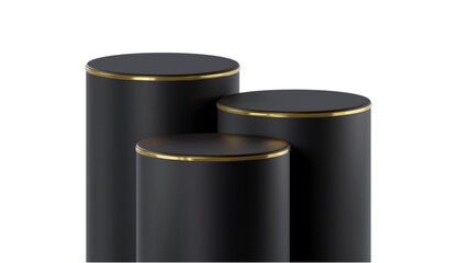 Elegant Black Cylindrical Product Podiums with Gold Trim & Transparent Background, Perfect for Luxury Displays

