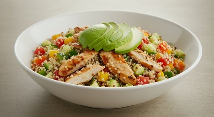 Savor the vibrant flavors of this grilled chicken and quinoa salad, topped with fresh avocado slices.