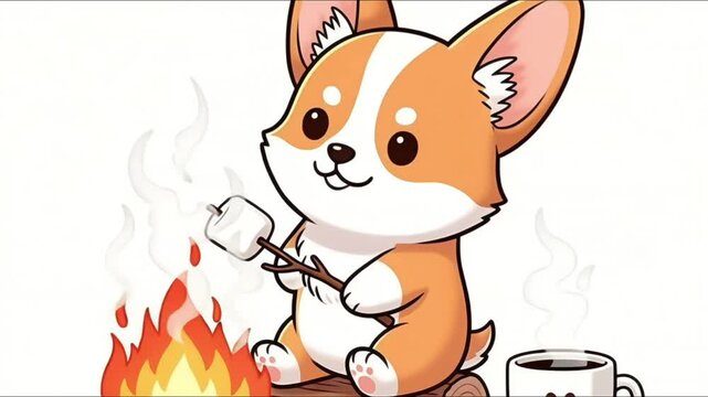 Cute Corgi Dog Roasting Marshmallow by Campfire, Cartoon Style for Kids and Fun Designs