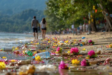 Beach littered with trash. Couples walk by