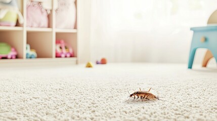 A brown cockroach crawls on a light-colored carpet in a bright room. Colorful toys are visible in the background, creating a playful atmosphere.