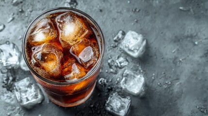 Top view of iced cola in a glass on a gray background