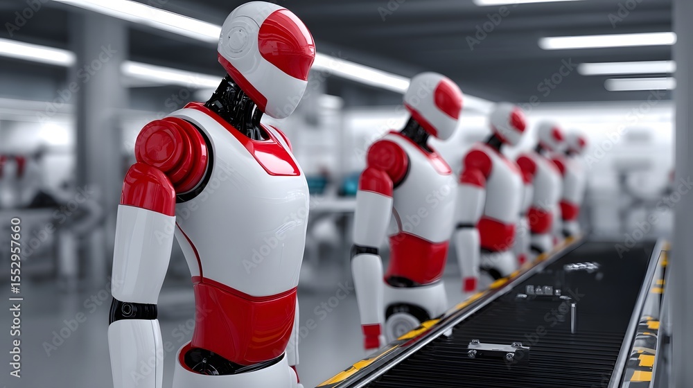 Aufkleber a group of humanoid robots standing in a futuristic factory setting.