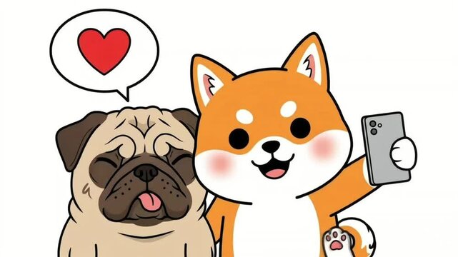 Adorable Pug and Shiba Inu Selfie Cute Dog Illustration, Best Friends Forever