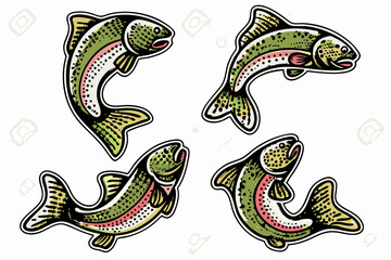 Hand-drawn vector illustration set of rainbow trout in various dynamic poses. Perfect for fishing graphics, apparel, t-shirt designs, stickers, and outdoor-themed