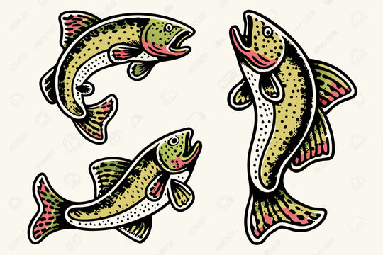 Hand-drawn vector illustration set of rainbow trout in various dynamic poses. Perfect for fishing graphics, apparel, t-shirt designs, stickers, and outdoor-themed