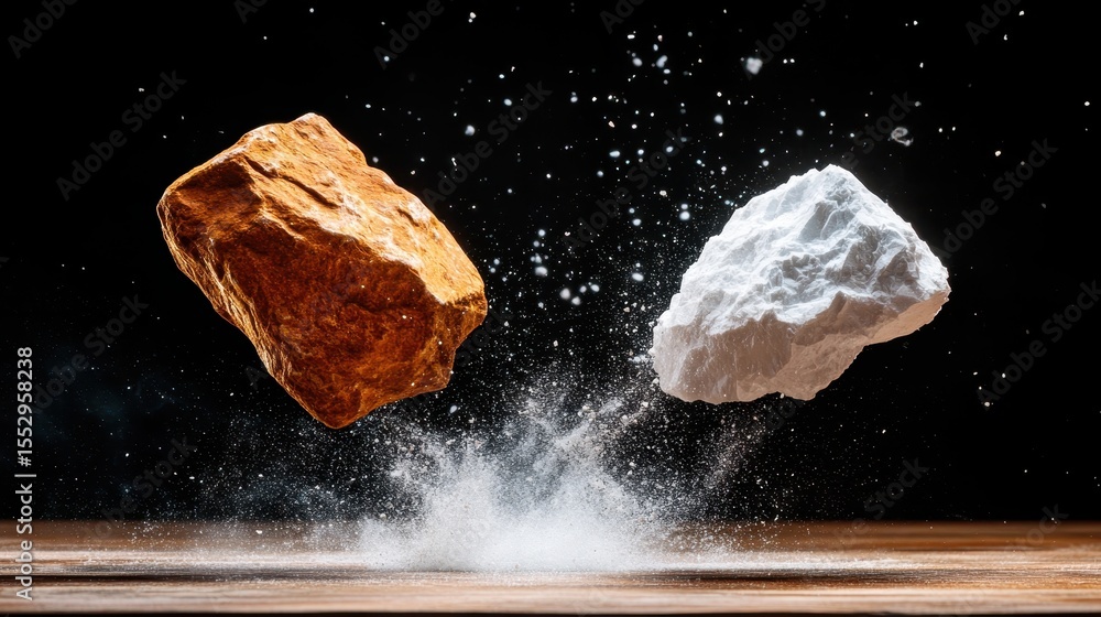 Poster an artistic representation of two rocks colliding and creating dust, symbolizing power and dynamic m