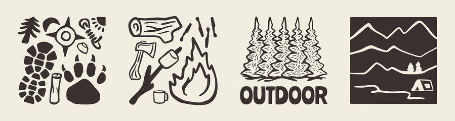 Vintage outdoor adventure illustration in rustic silhouette style for nature hiking, forest camping, and wilderness exploration.