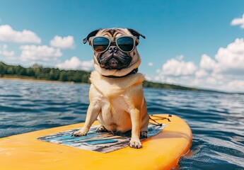 Pug in sunglasses on a paddleboard on a lake