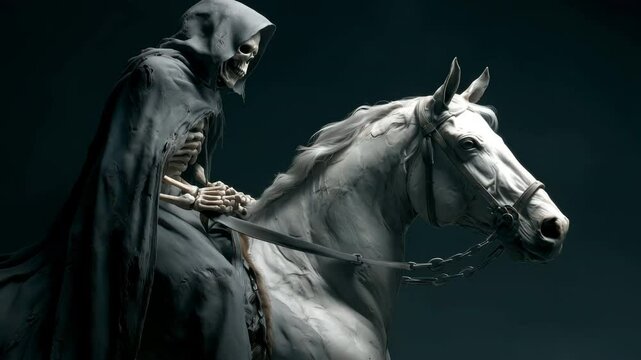 Photorealistic depiction of the fourth seal opened, featuring a skeletal figure on a white horse, evoking themes of death and foreboding. Inspired by the Book of Revelation, Chapter 6.