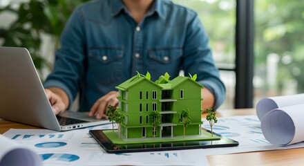 Engineer Presenting Green House Model for Sustainable Infrastructure Planning
