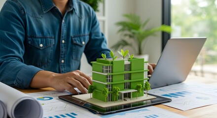 Architect Holding Green Building Model Promoting Sustainable Construction
