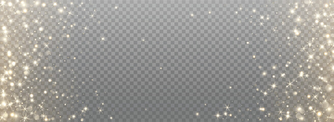 Golden glitter and glowing particles forming a sparkle frame. Shiny festive border overlay for Christmas, New Year, party or celebration design. Remove transparent background in vector file.