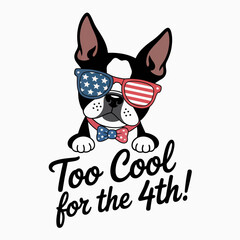 Stylish bulldog wearing star glasses holding little American flag with too cool for the 4th slogan  