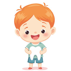 Obraz premium Happy child proudly showing lost tooth. Smiling kid holding a large tooth. Adorable illustration perfect for National Tooth Fairy Day celebrations and children's dental websites.