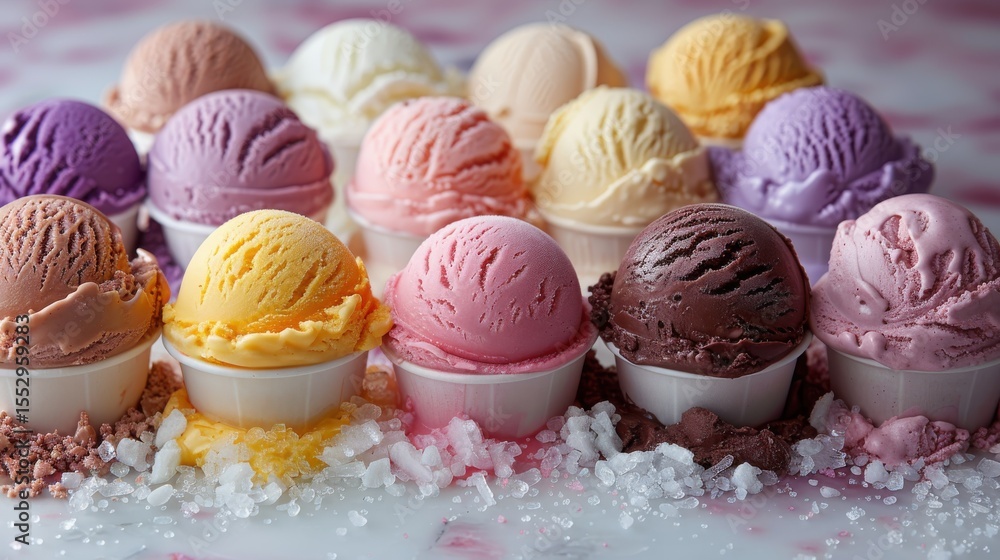 Aufkleber an enticing array of ice cream scoops in a spectrum of colors and flavors, beautifully arranged, cre