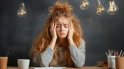 A young woman displaying visible signs of stress, her disheveled hair and pained expression create a relatable image of anxiety and overwhelm in modern life.