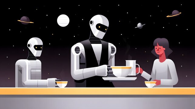 Robots interacting with a woman over coffee in a futuristic space setting