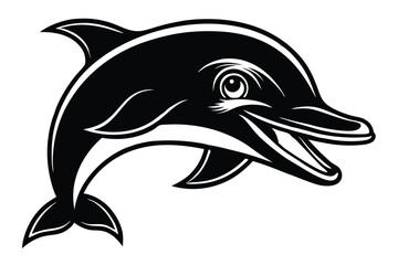 An elegant black dolphin with a dynamic pose swims in a format