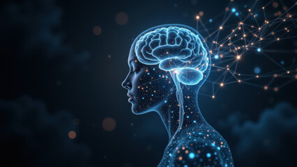 A digital illustration featuring a human head with a focus on the brain, showcasing VNS or vagus nerve stimulation.