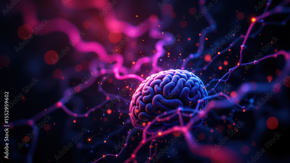 Poster an artistic representation of a human brain with illuminated neurons, symbolizing brain activity or 