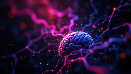 An artistic representation of a human brain with illuminated neurons, symbolizing brain activity or neurostimulation like VNS (vagus nerve stimulation).