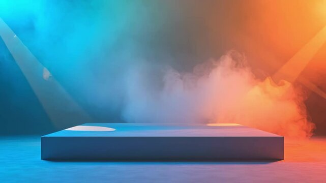 A sleek rectangular stage in blue and orange with atmospheric studio smoke and spotlight effects, ideal for luxury product launch and premium goods marketing