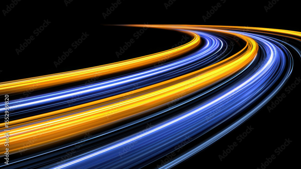 Poster long exposure image of bright yellow and blue light trails curving through dark space creating a dyn