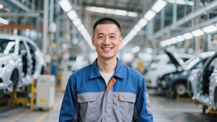 An Asian middle-aged worker in an automobile factory smiles