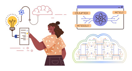 Woman interacting with lightbulb, computations, neural diagrams, and cloud elements. Ideal for innovation, STEM, research, technology, data science teaching brainstorming simple flat metaphor